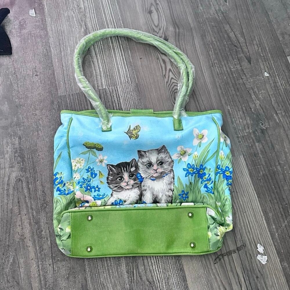 no brand vintage cat blue green tote bag